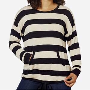 Kensie Ivory & Black Stripe Kangaroo Pocket Cinch Waist Pullover Top, Size M